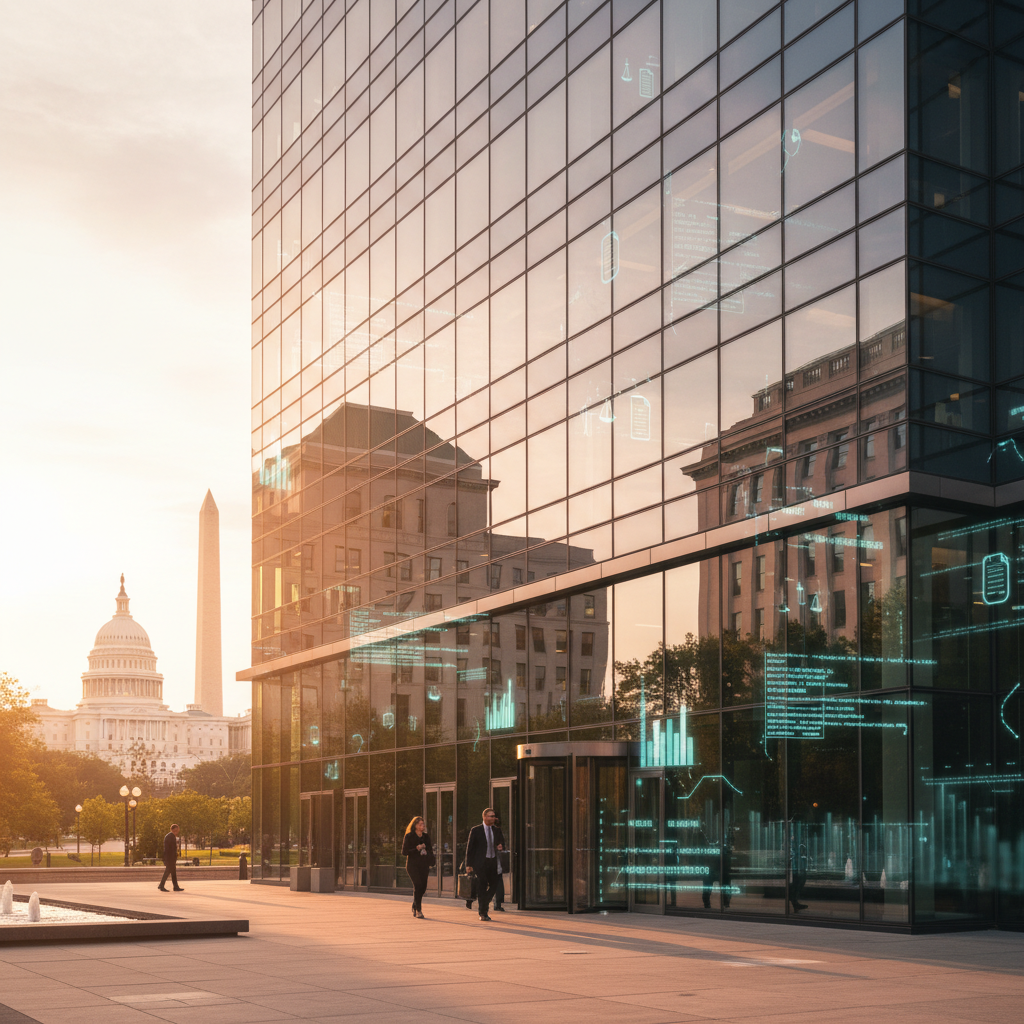 현대적인 워싱턴 정치권과 디지털 기술이 결합된 상상도