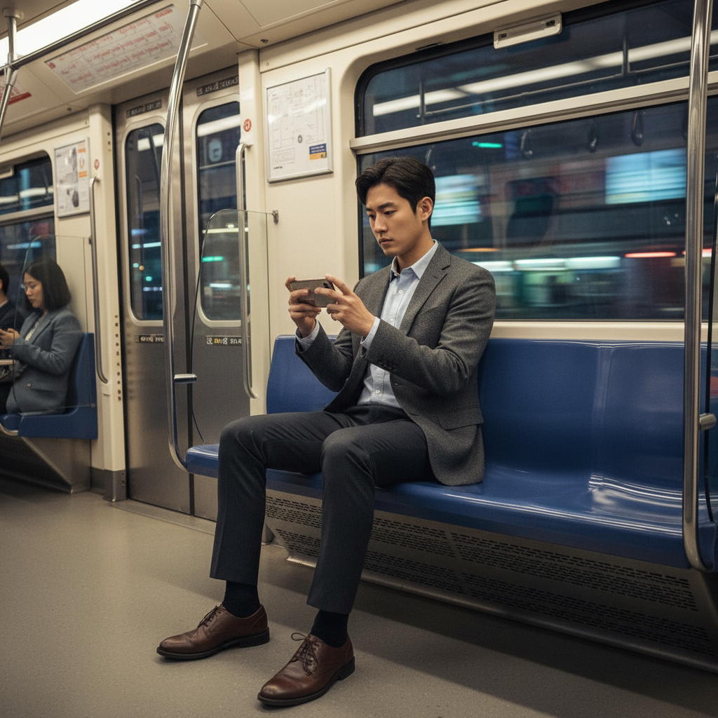 지하철에서 스마트폰으로 업무를 확인하는 개발자
