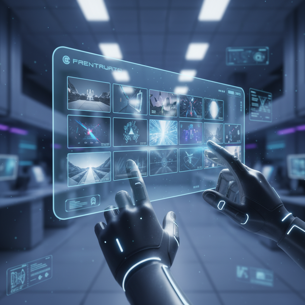 공중에 떠 있는 유튜브 인터페이스를 손가락 제스처로 조작하는 모습