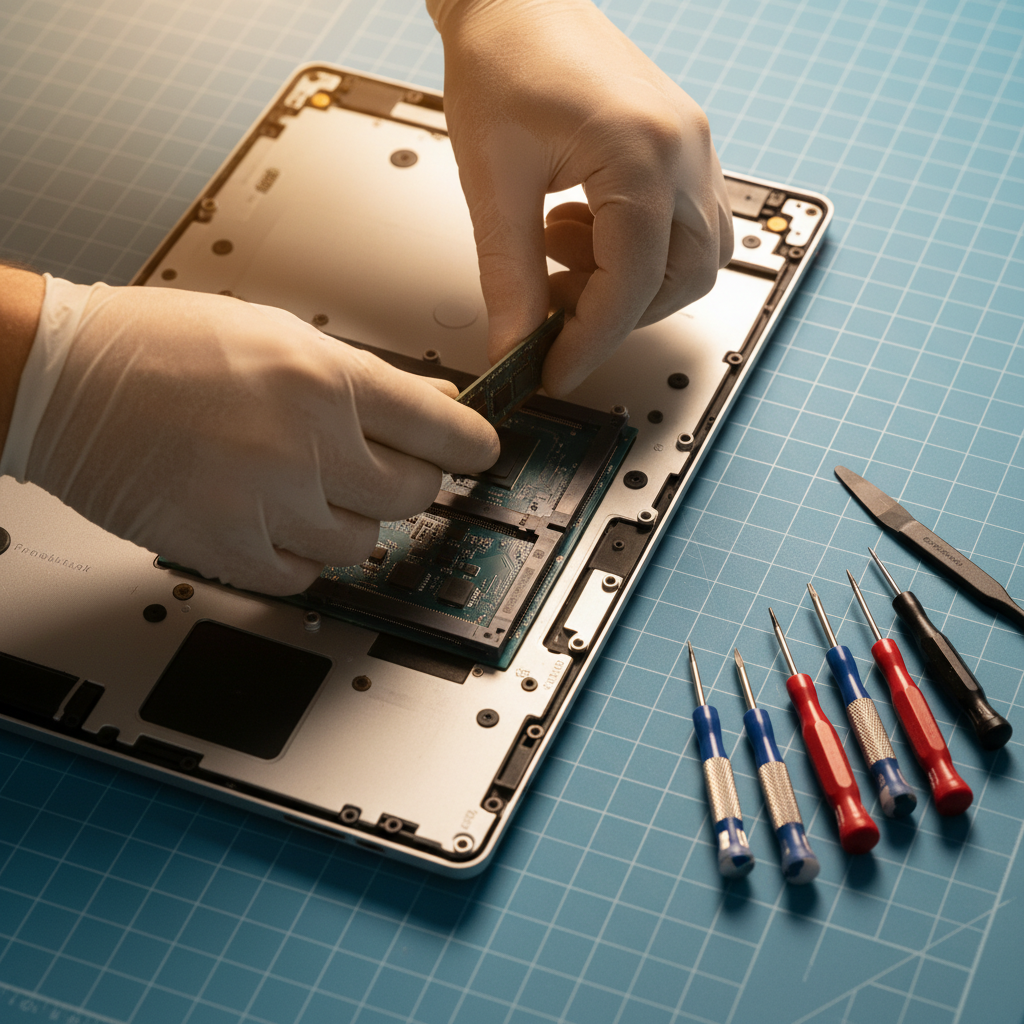 노트북 부품을 직접 조립하는 손길