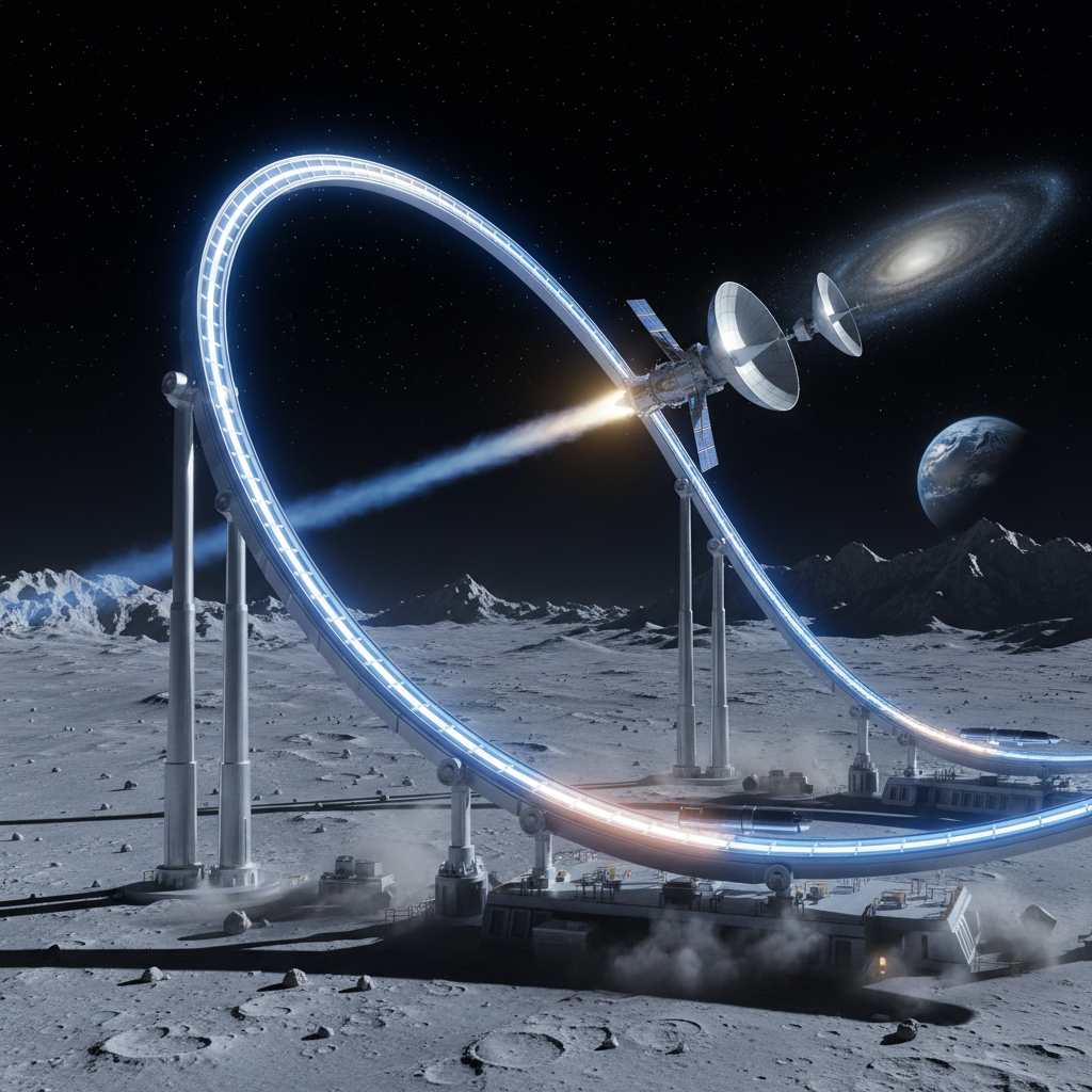 달 표면의 거대한 자기부상 열차와 우주로 발사되는 위성