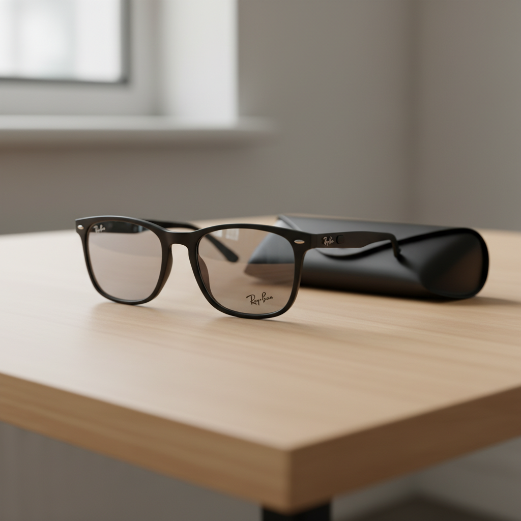 테이블 위에 놓인 세련된 레이밴 메타 안경