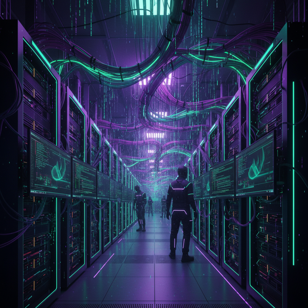 복잡한 데이터 네트워크와 연결된 서버룸