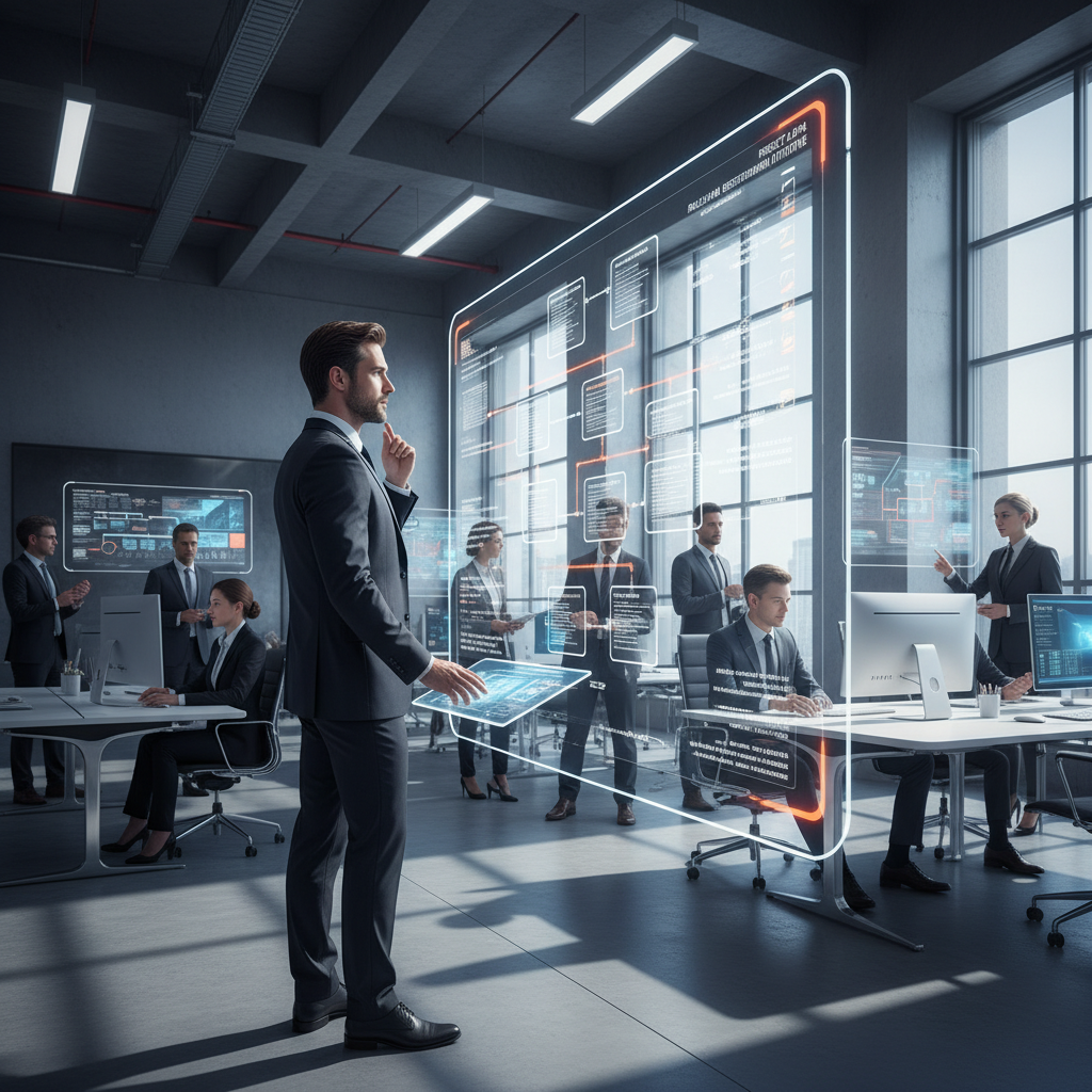 현대적인 오피스에서 팀을 재정비하는 테크 리더의 모습