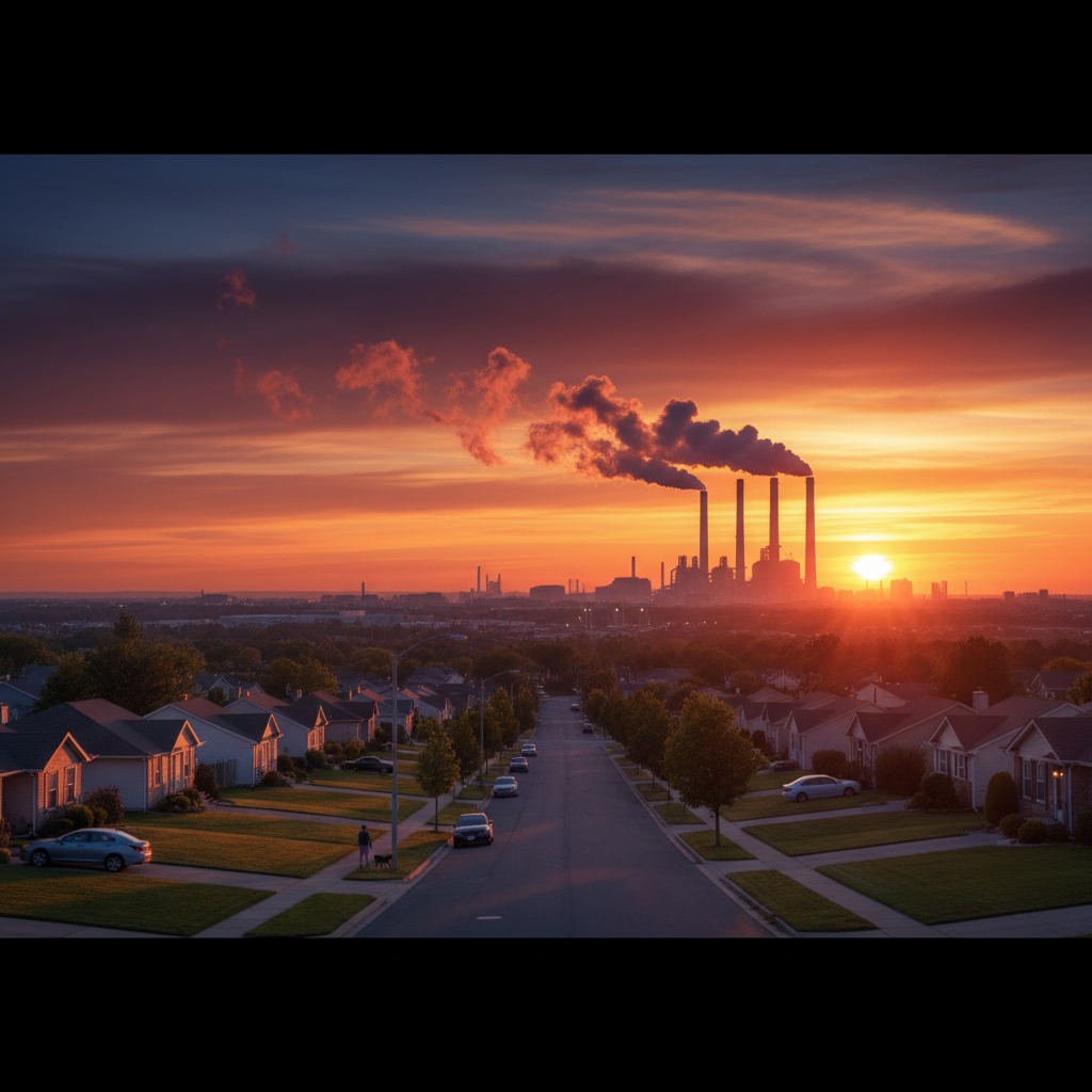 데이터센터 연기 뒤로 지는 일몰과 주택가 풍경