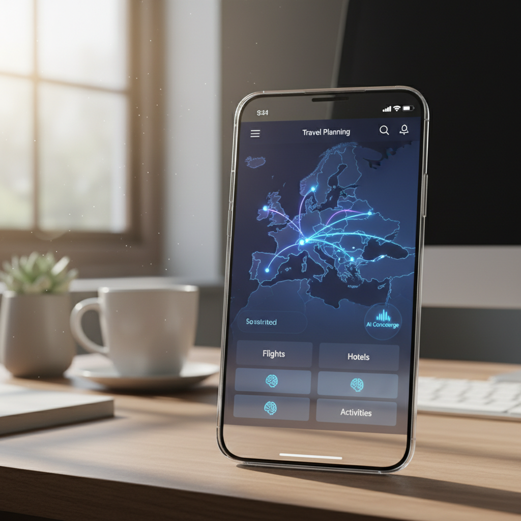 A high-tech smartphone interface displaying a travel planning app with glowing AI assistance icons, soft natural lighting in a home office setting. 4:3