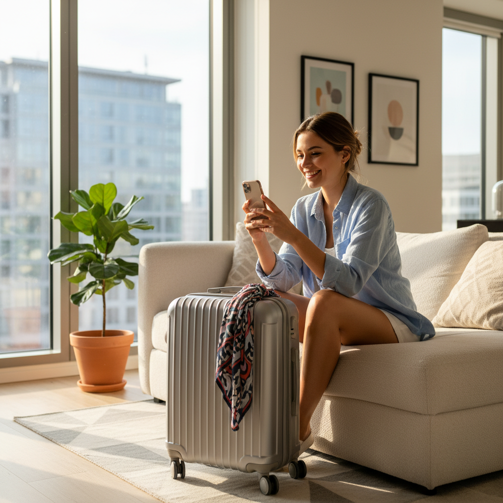 숙소에서 편안하게 여행을 즐기는 여행자