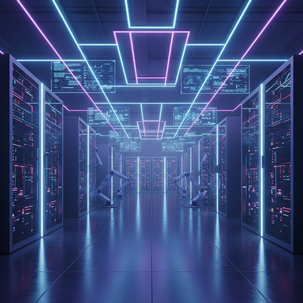 A futuristic data center with glowing server racks, advanced technology atmosphere, neon blue and purple ambient lighting, professional cinematic view, 1:1