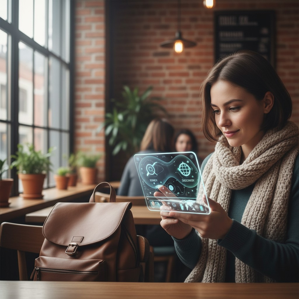 미래형 여행 앱을 사용하는 여행객의 모습