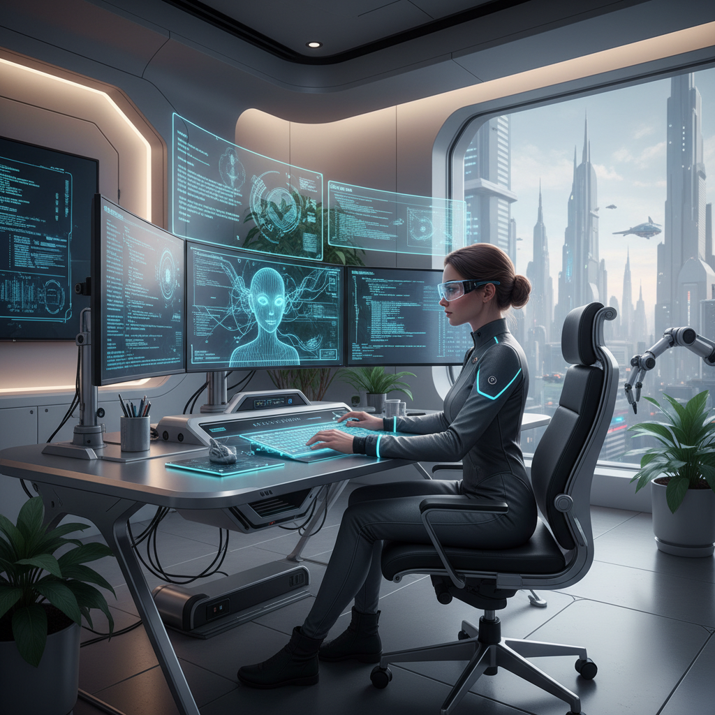 A professional software developer working in a futuristic home office, multiple monitors showing complex code with AI assistant visual overlays, high-tech aesthetic, natural lighting, 4:3