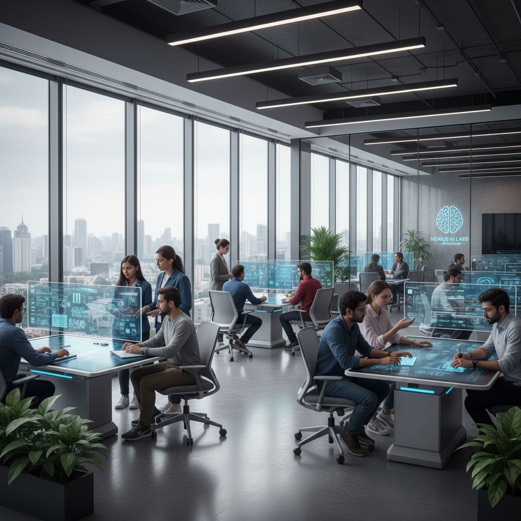 A modern high-tech office in Bangalore India with diverse software engineers collaborating on AI development projects, bright natural lighting through large windows, sleek interior design, 4:3