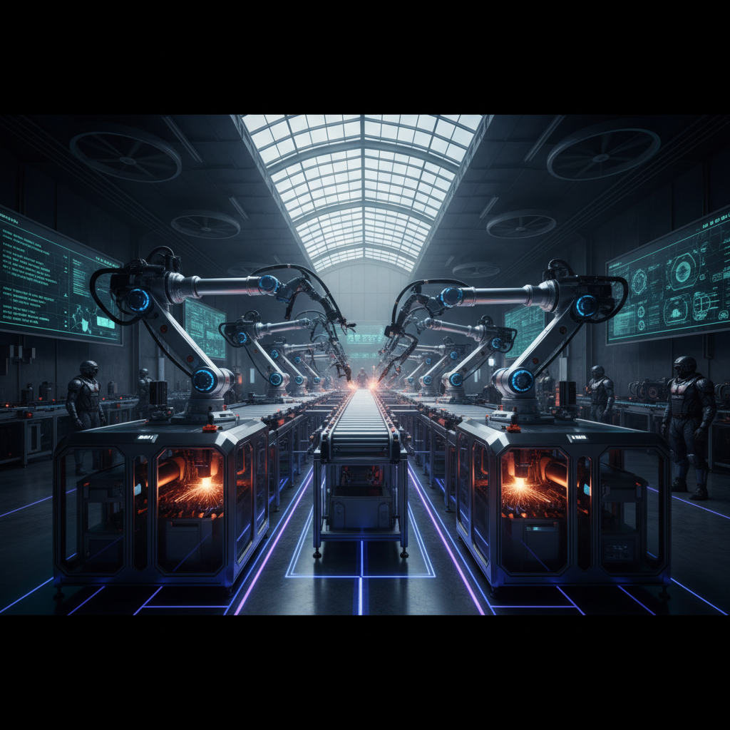 첨단 제조 공장에서 가동 중인 산업용 로봇 팔