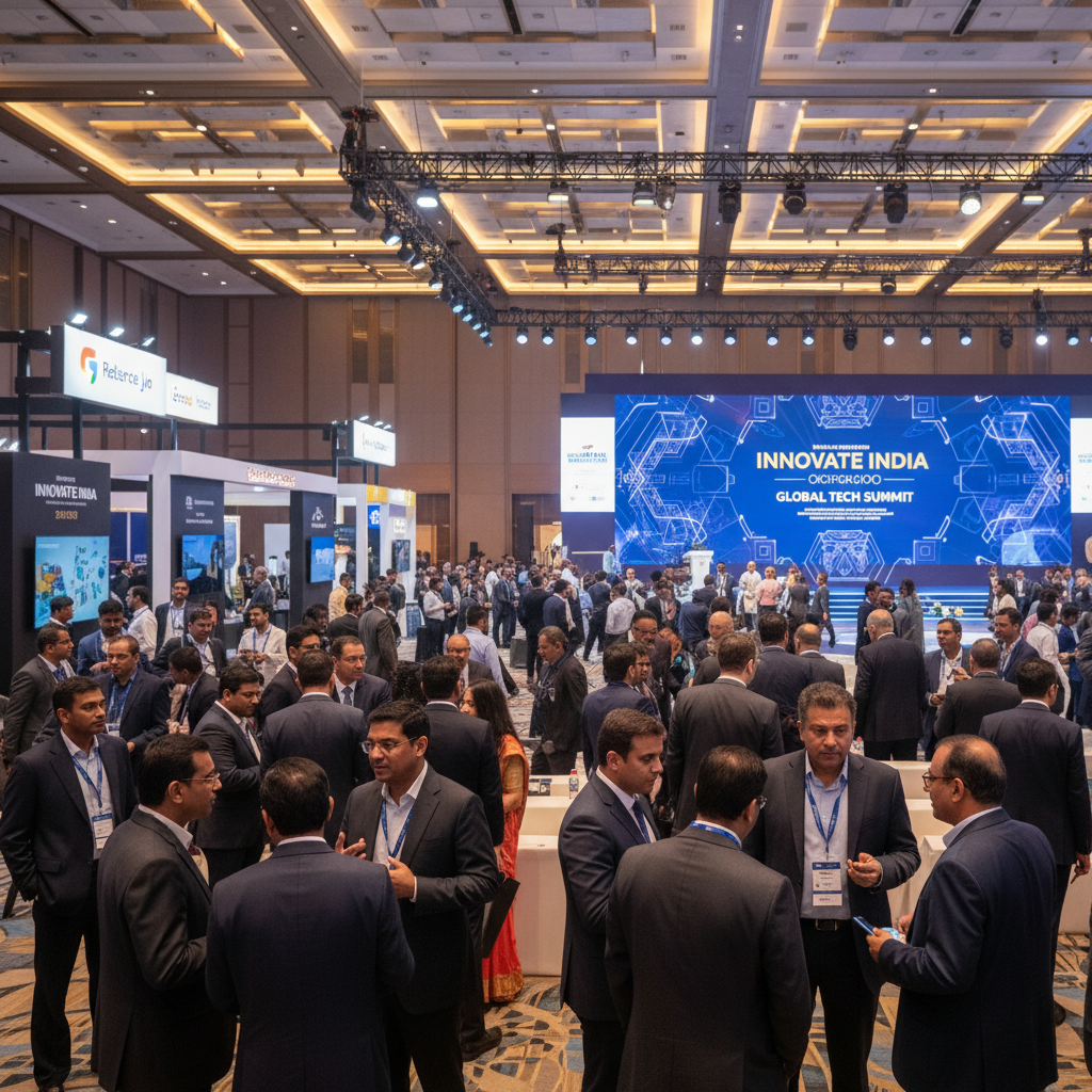 대규모 테크 컨퍼런스에서 대화 중인 전문가들