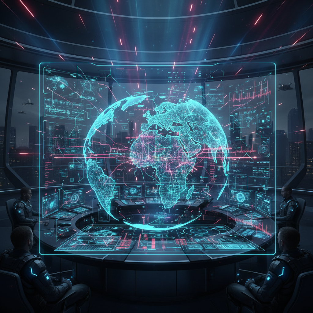 A futuristic digital interface showing a global map with data streams and AI neural networks overlapping a military command center atmosphere, cinematic lighting, high-tech aesthetic, 1:1