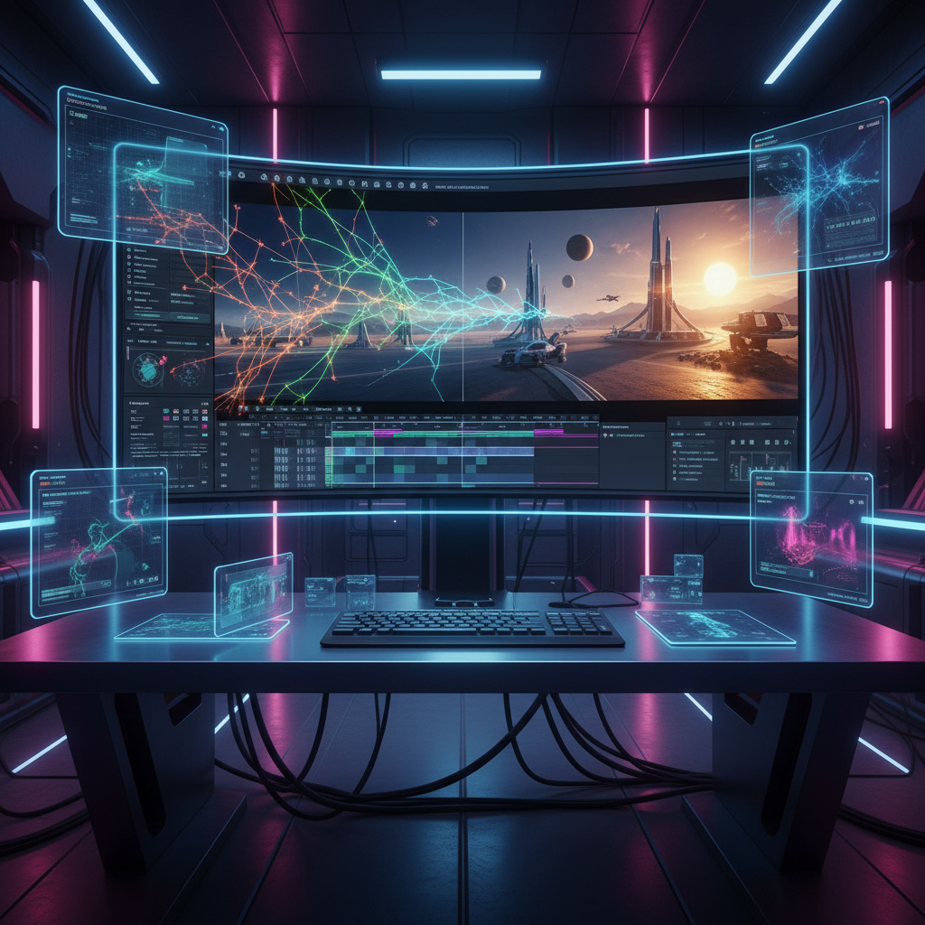 A high-tech futuristic digital workspace showing a professional video editing interface with neural network patterns flowing into a cinematic video scene on a large monitor, vibrant colors, cinematic lighting, 4:3