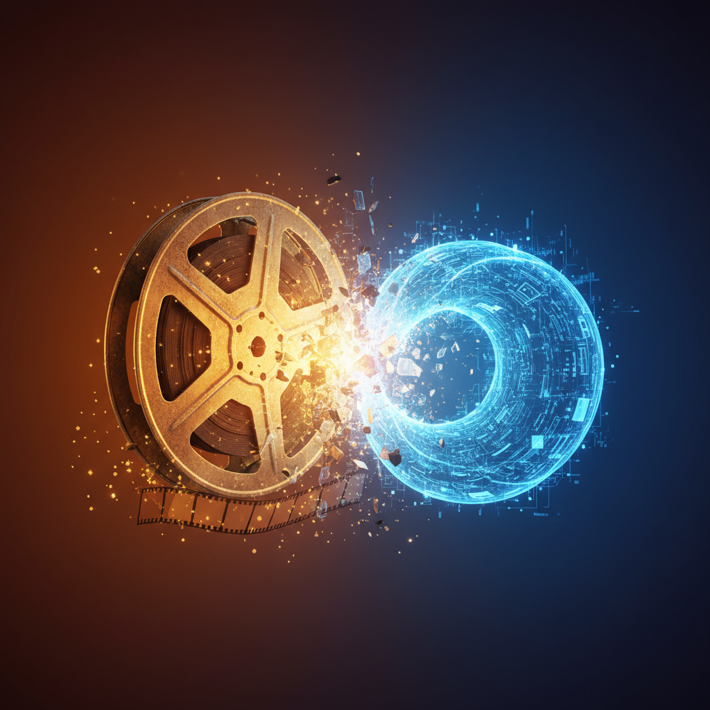 영화 스튜디오와 인공지능 기술의 갈등을 묘사한 상징적 이미지