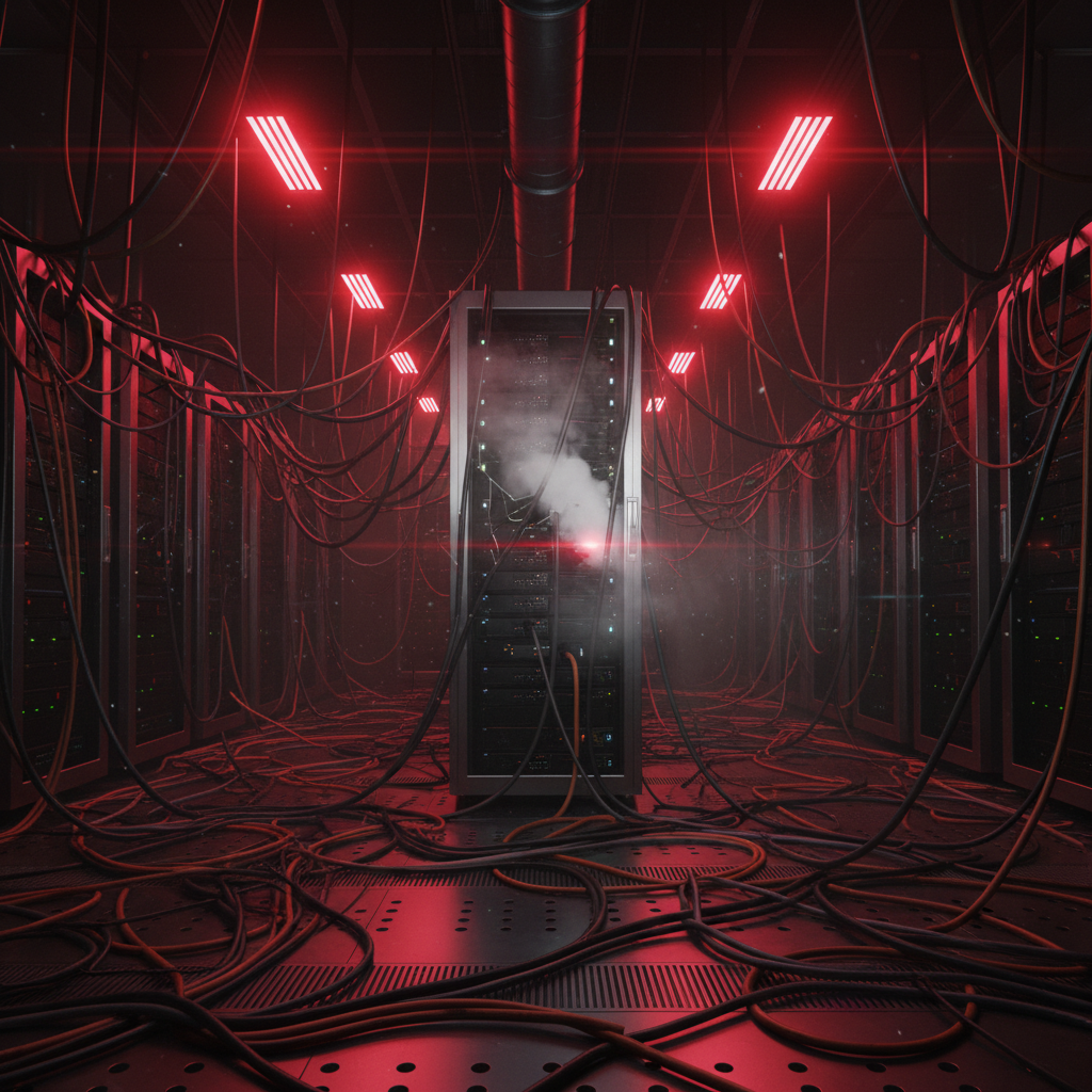 A dark high-tech server room with glowing red warning lights and cables scattered on the floor creating a sense of urgency and chaos. Cinematic lighting with a focus on a single server rack emitting smoke. 16:9