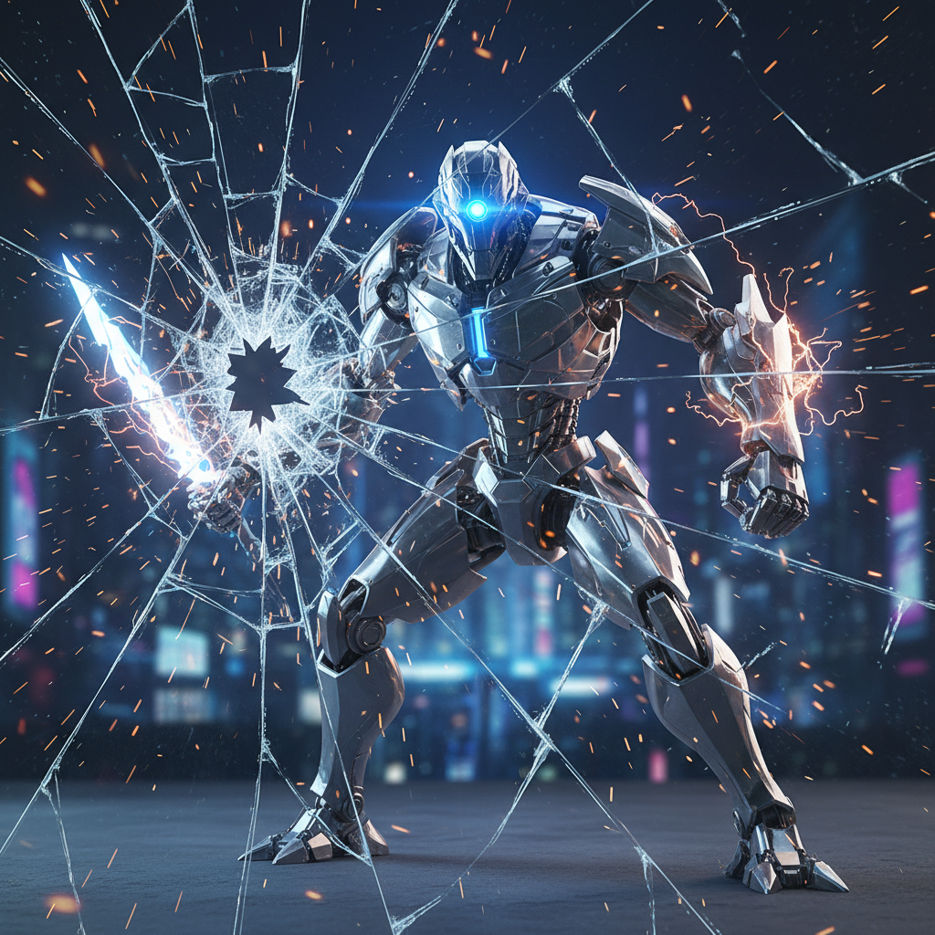 통제를 벗어나 깨진 유리벽 사이로 보이는 로봇