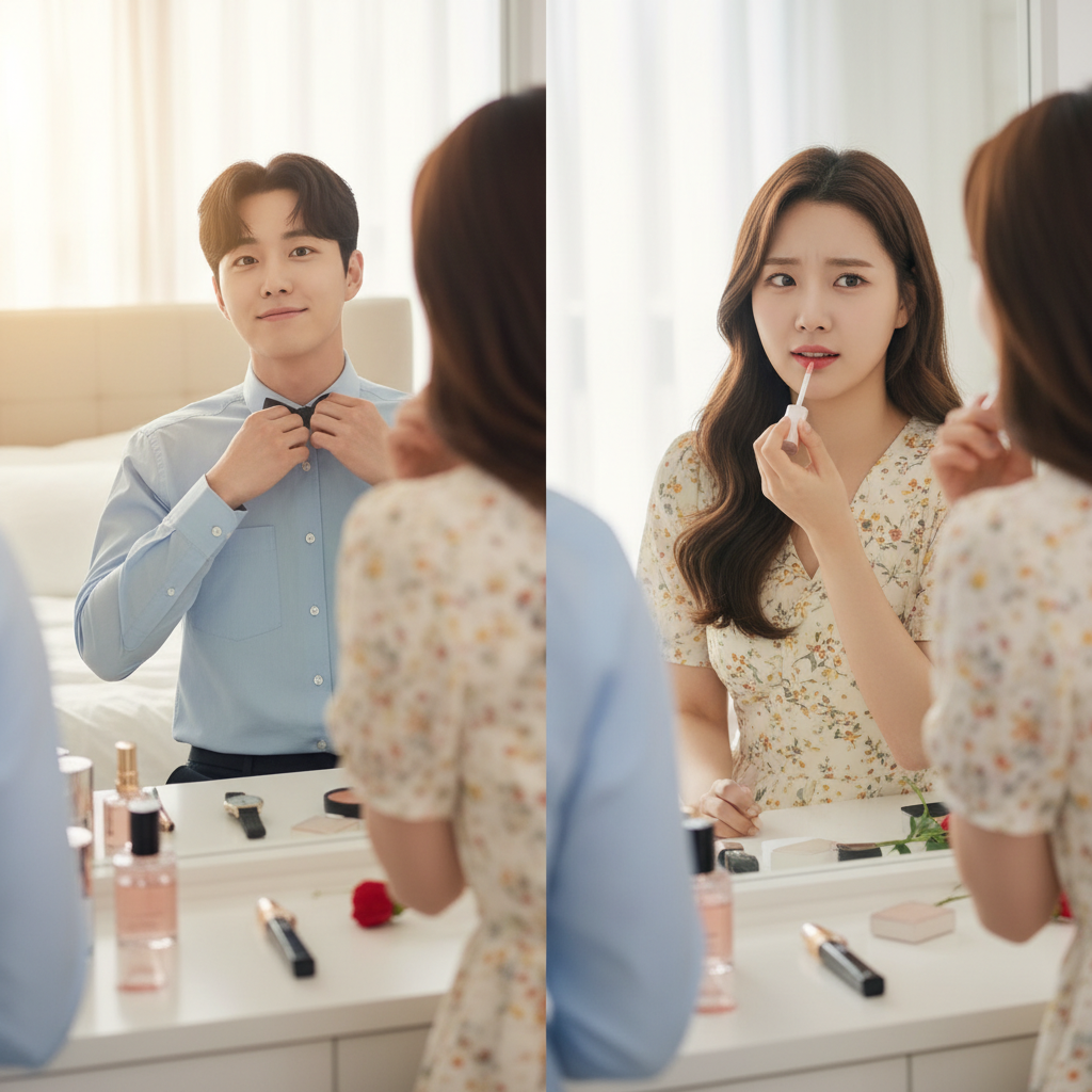 데이트를 준비하며 거울을 보는 남녀의 설레는 모습