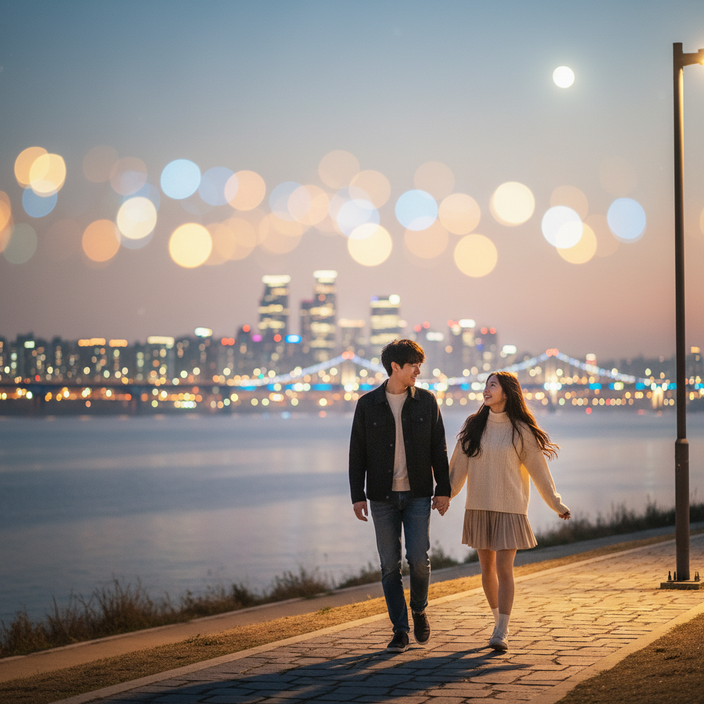 서울의 야경을 배경으로 다정하게 걷는 커플의 뒷모습