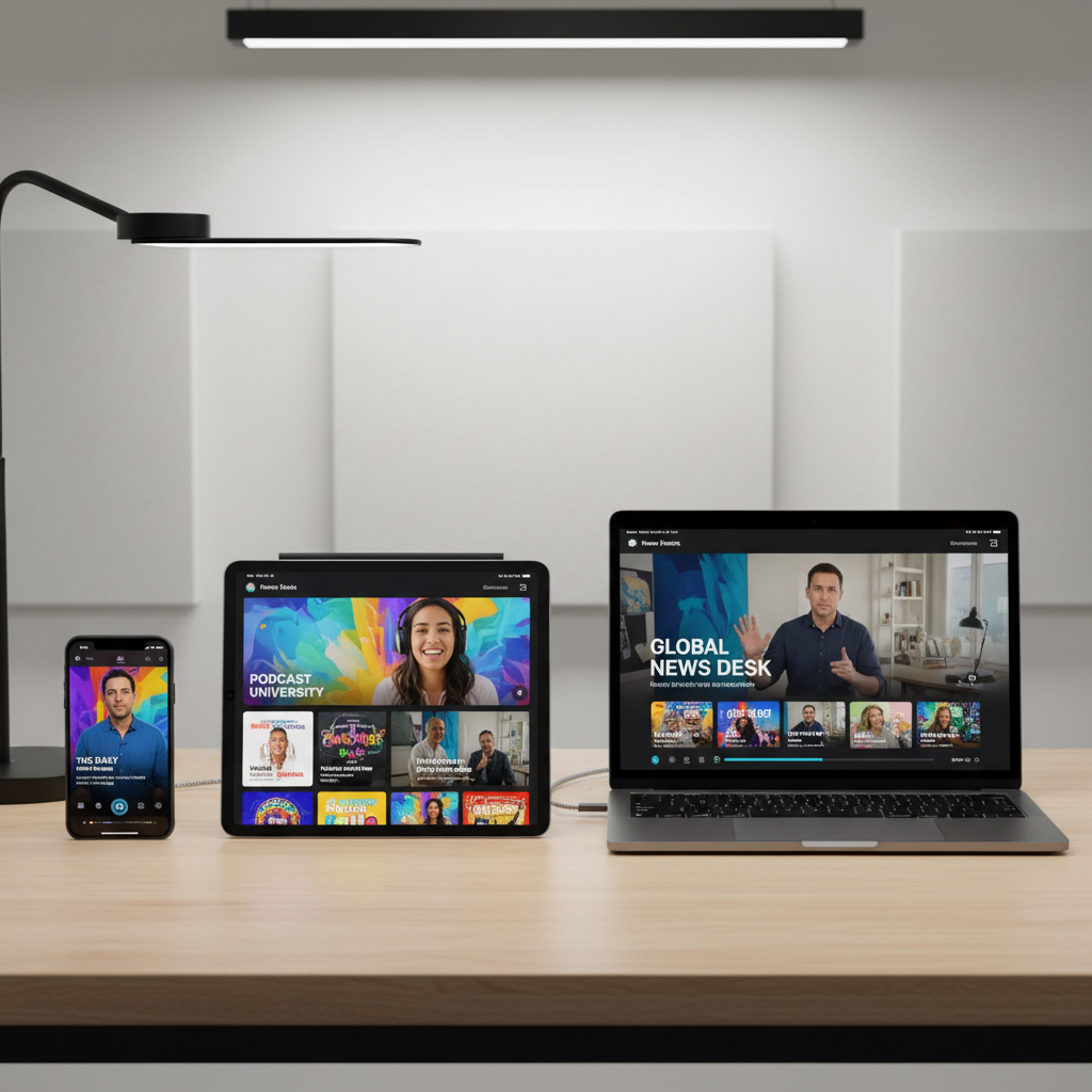 애플 기기들이 나란히 놓인 현대적인 데스크 테리어