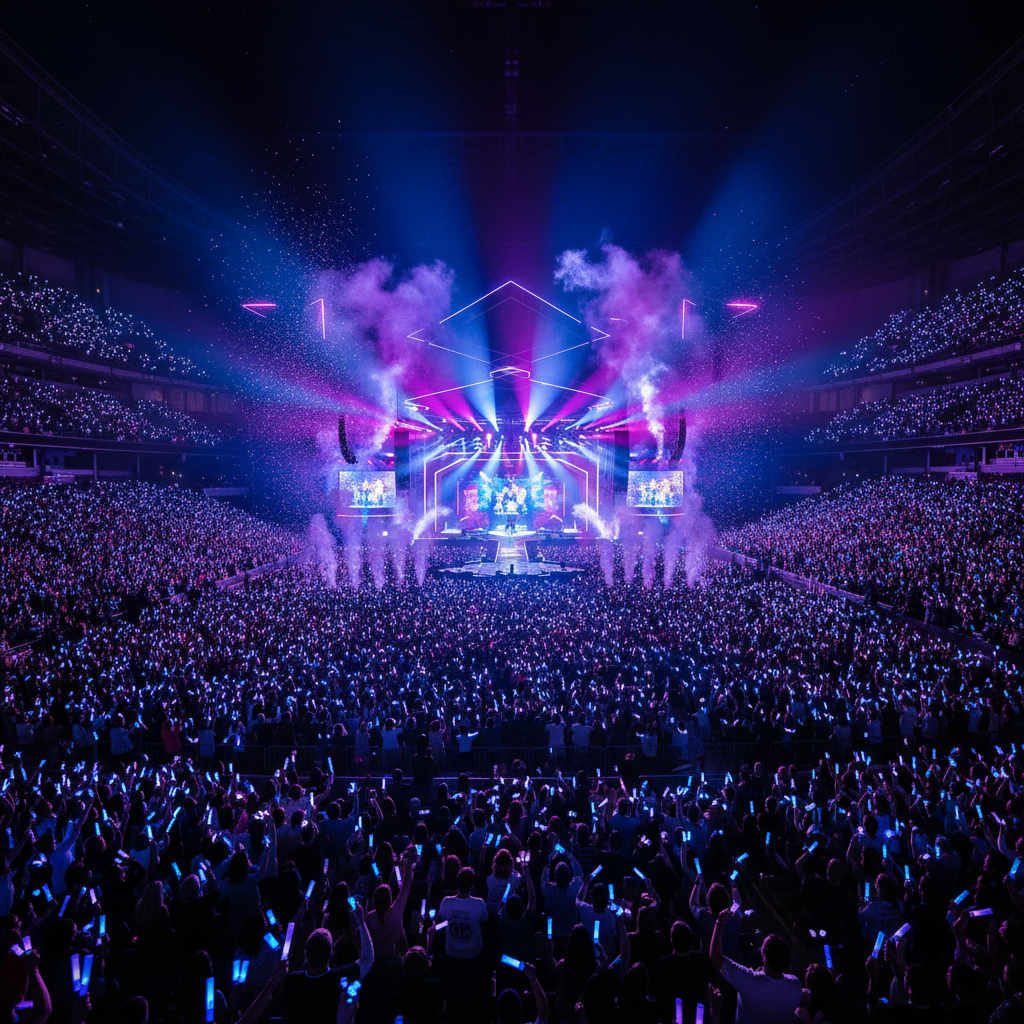 화려한 조명 아래 열광하는 콘서트 현장