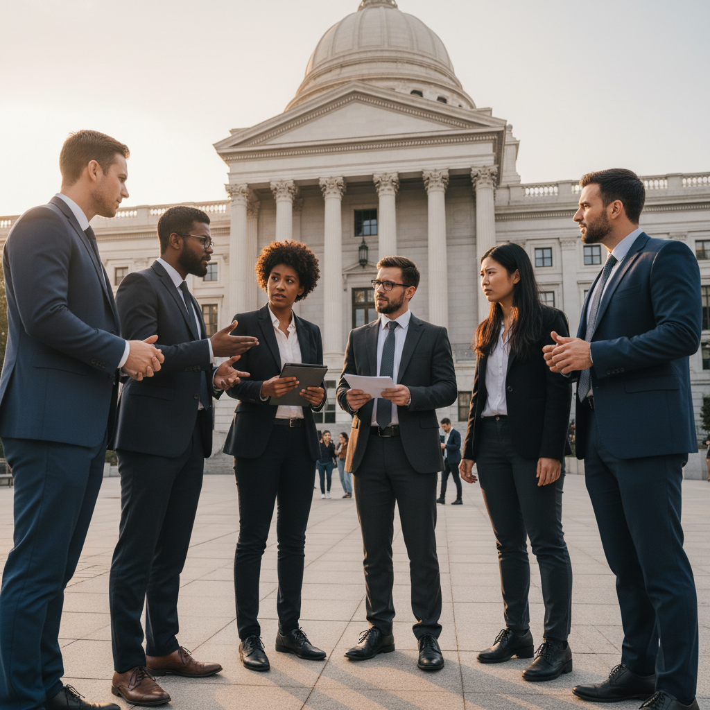 법원 건물 앞에서 기술 규제를 논의하는 사람들
