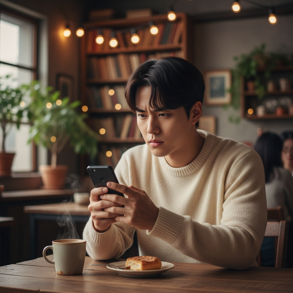 신중한 표정으로 스마트폰을 확인하는 남성