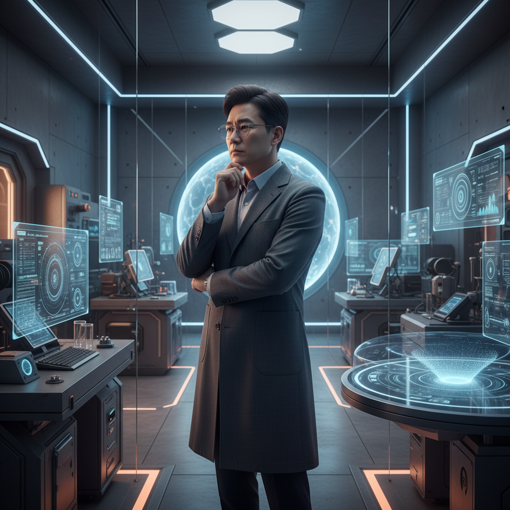 미래적인 연구실에서 고민에 빠진 과학자