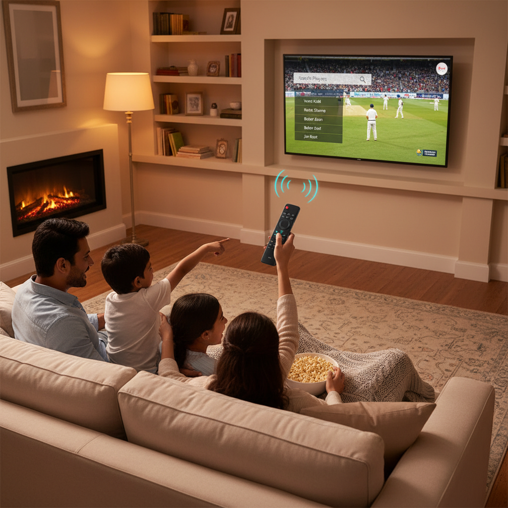 거실에서 음성으로 스포츠를 검색하는 모습