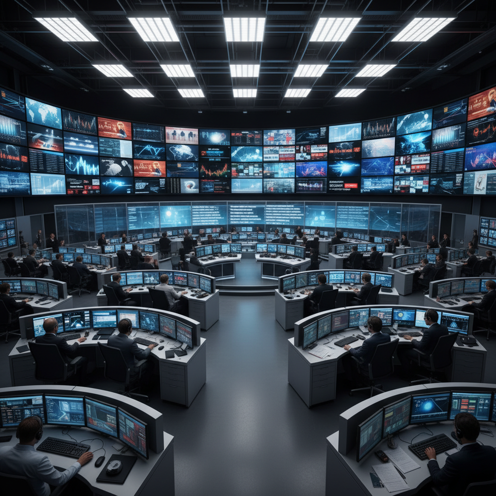 수많은 모니터가 있는 미래형 뉴스룸