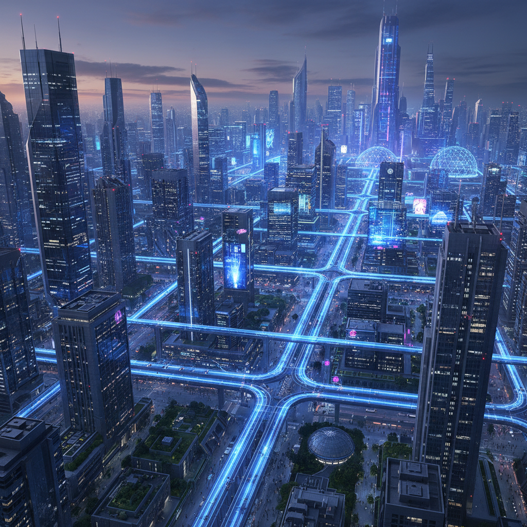 데이터 센터와 연결된 미래 도시의 풍경