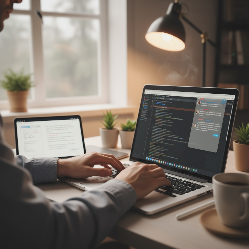 노트북 앞에 앉아 챗봇의 조언을 메모하는 모습