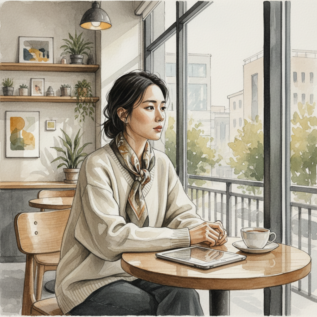 카페에서 태블릿을 보며 생각에 잠긴 여성