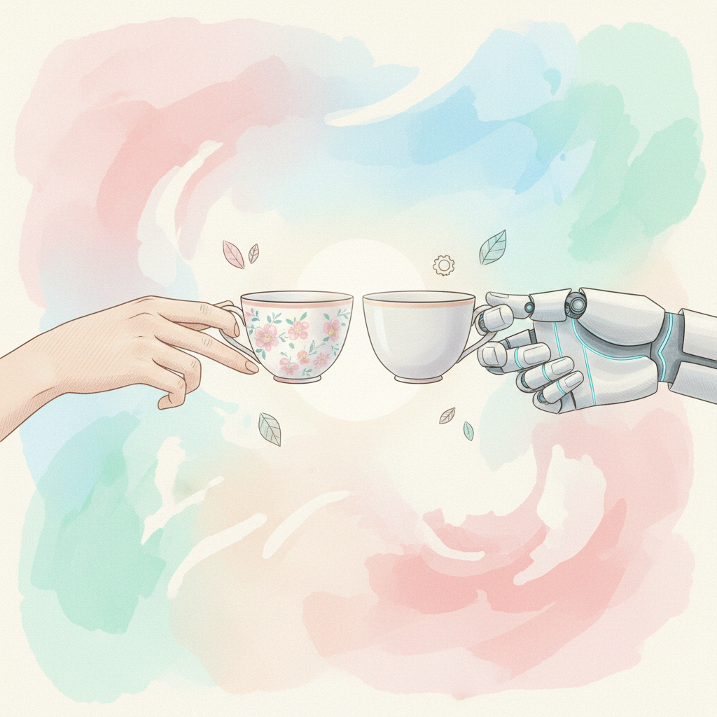 사람의 손과 로봇 팔이 함께 차를 마시는 추상화