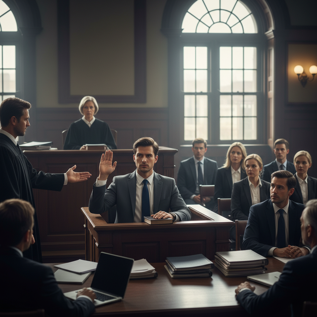 A high-stakes courtroom scene featuring a tech CEO in a dark suit testifying before a judge and jury, serious atmosphere, cinematic lighting, professional photography style, 4:3