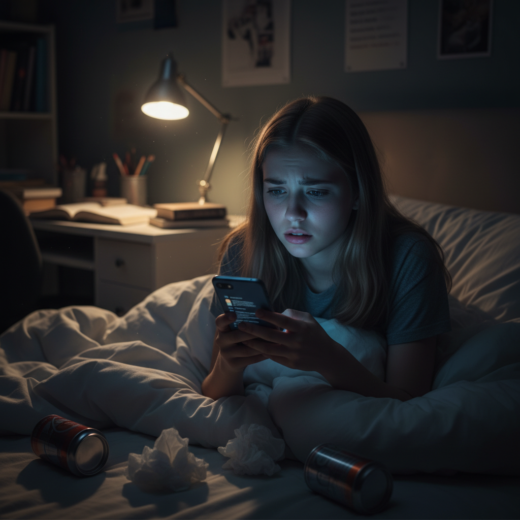 스마트폰을 보며 고민에 빠진 청소년의 모습