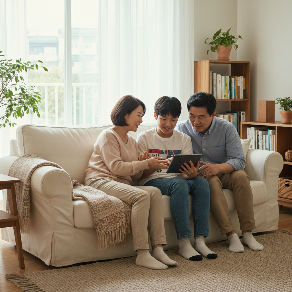 자녀의 스마트폰 사용을 함께 살피는 부모의 모습
