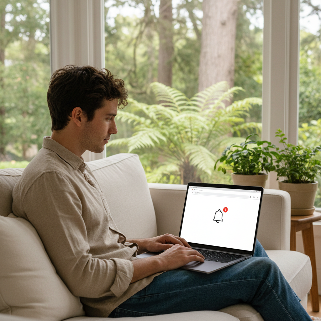 A person looking at a laptop screen showing a clean browser window with a notification symbol, soft indoor lighting, natural setting, 4:3