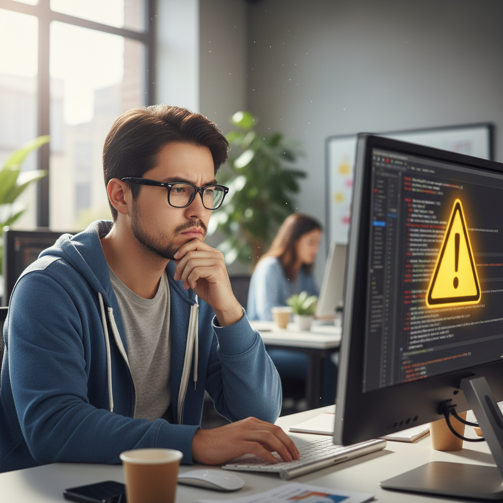 고민에 빠진 개발자와 경고 메시지