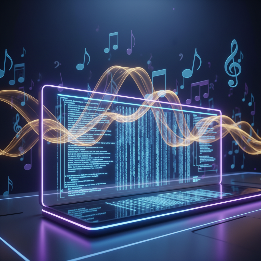 터미널 창에 코드가 흐르고 뒤편으로 음악적 영감이 떠오르는 추상적인 배경