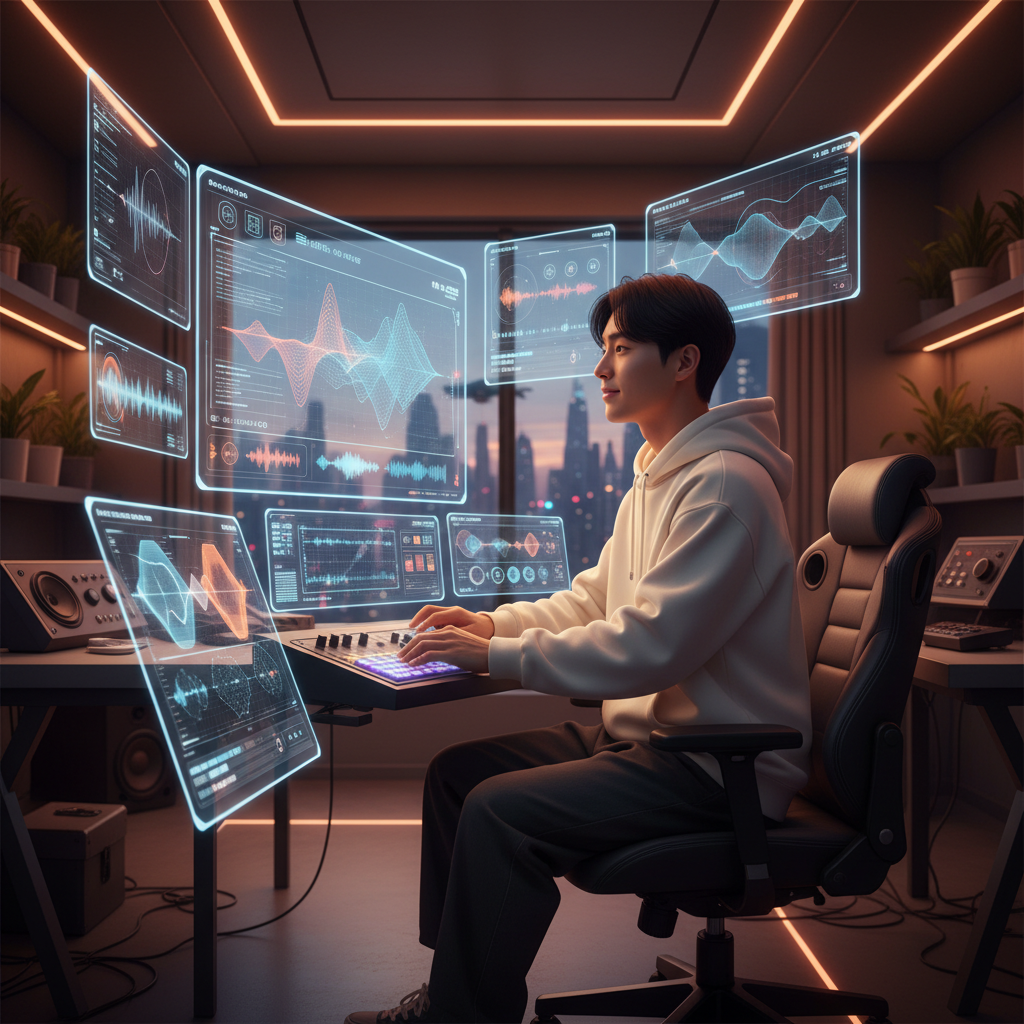 인공지능과 인간이 협업하여 음악을 완성해가는 미래지향적인 이미지