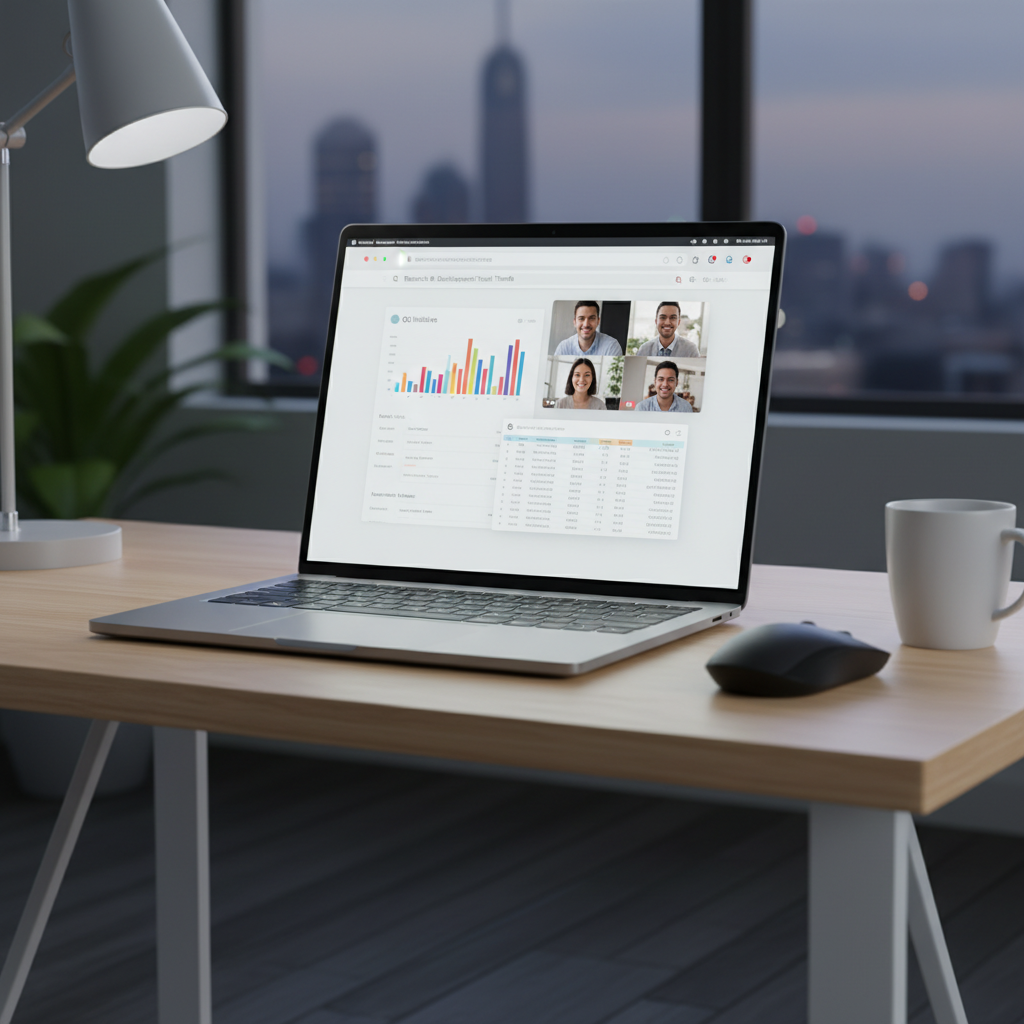 A sleek laptop on a modern office desk showing a web browser interface with multitasking windows, clean and professional lighting, 4:3