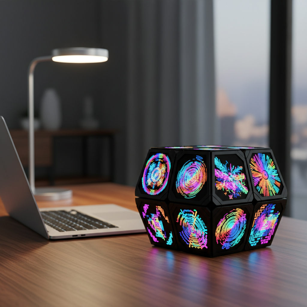 A futuristic digital puzzle cube with glowing screens displaying colorful geometric patterns, sitting on a high-end walnut desk next to a sleek laptop and a designer lamp, professional studio lighting, shallow depth of field, 4:3