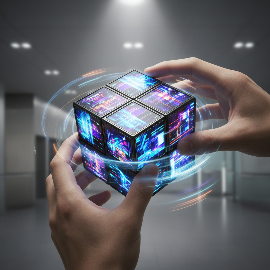 손으로 디지털 큐브를 회전시키는 역동적인 모습