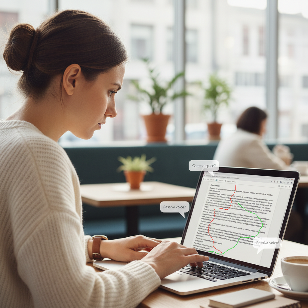 A professional person working on a modern laptop in a bright cafe showing digital grammar correction highlights on the screen with a focused expression. 1:1