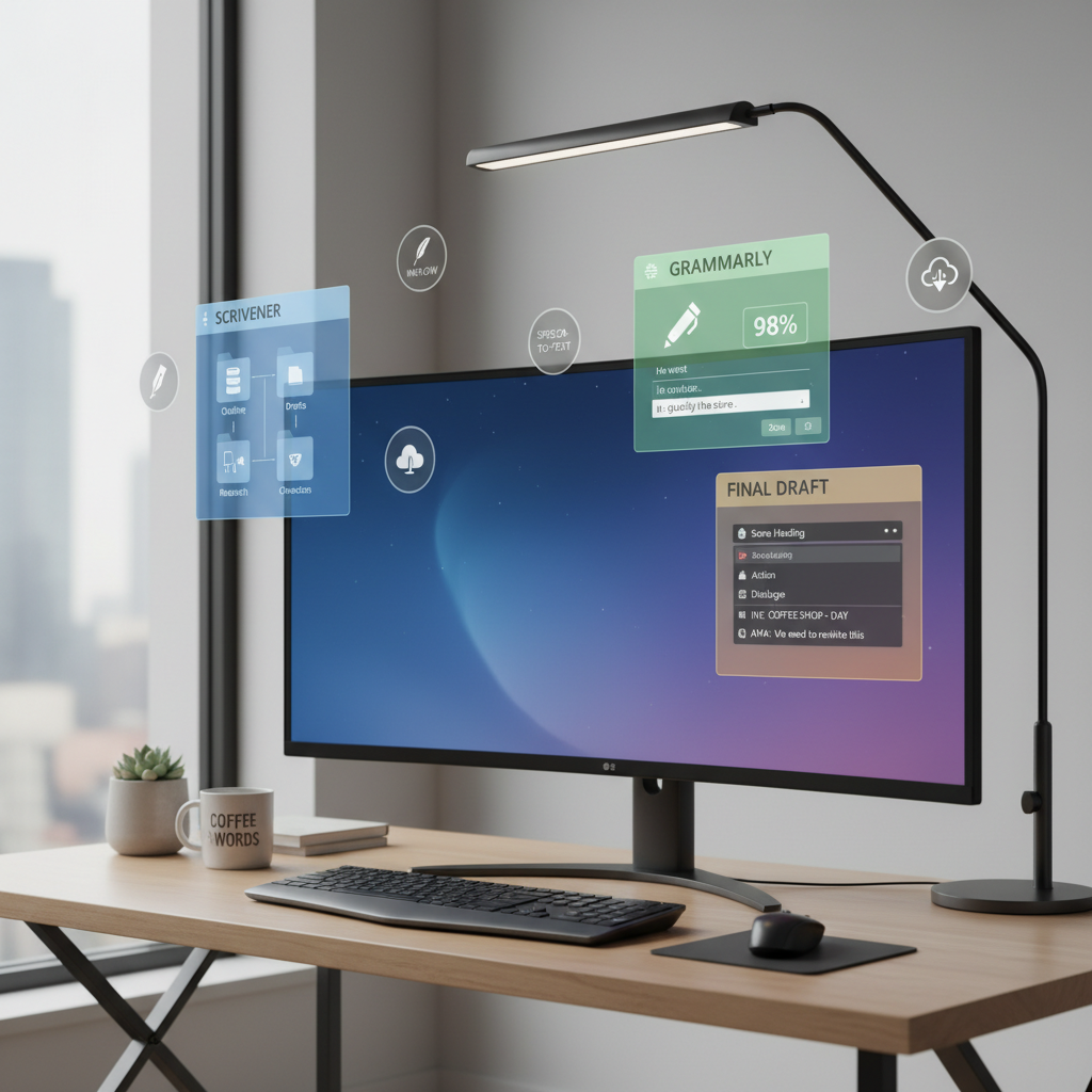 여러 가지 소프트웨어 아이콘이 떠 있는 디지털 작업 공간