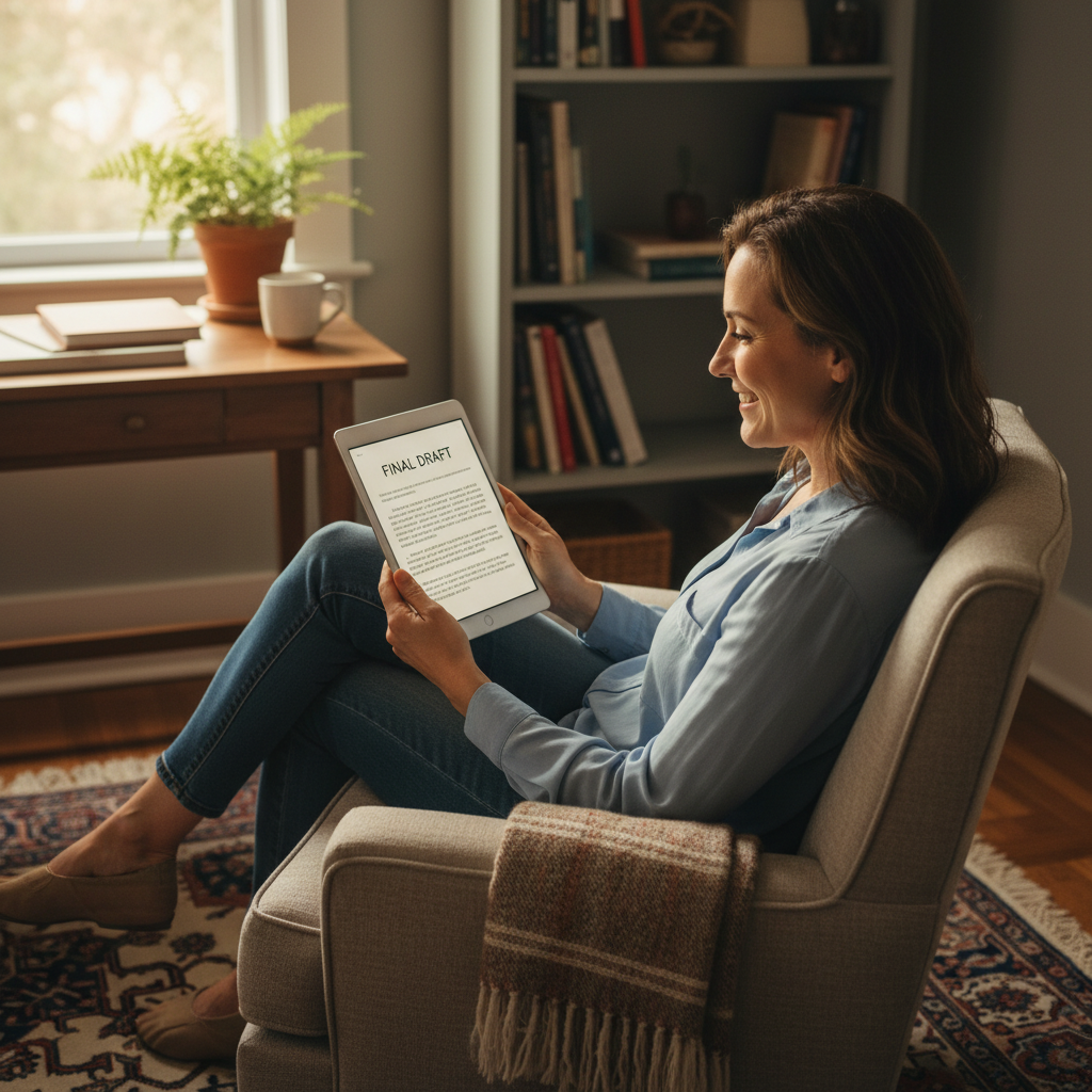 깔끔하게 정리된 원고를 보며 만족해하는 작성자
