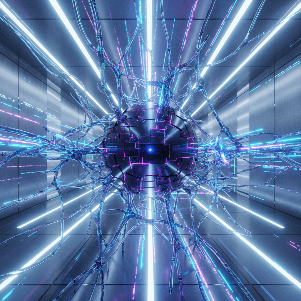 A sleek and modern visualization of a powerful AI core glowing with blue and violet energy. Digital neurons and data streams connecting in a complex network. Minimalist high-tech background with a sense of depth and speed. Cinematic lighting 4:3