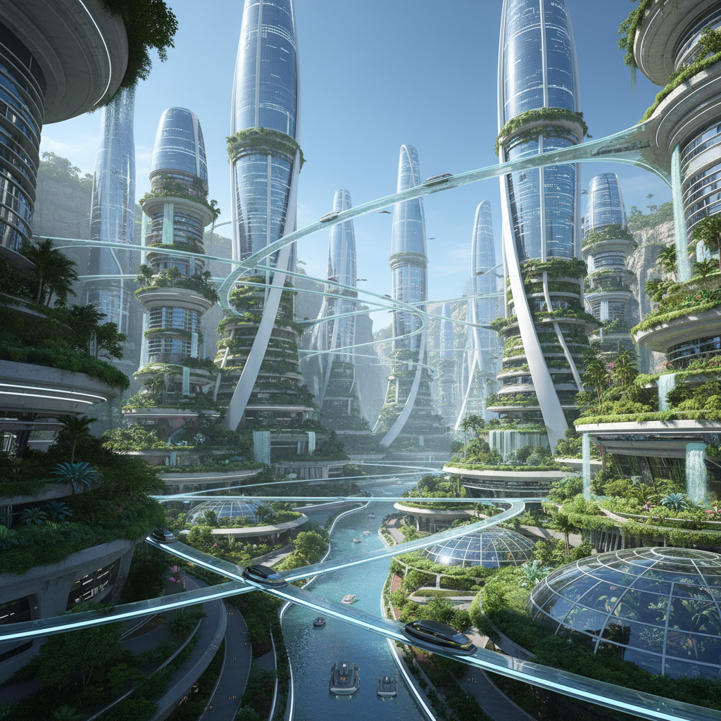 인류와 기술이 조화롭게 공존하는 미래 지향적인 도시의 풍경